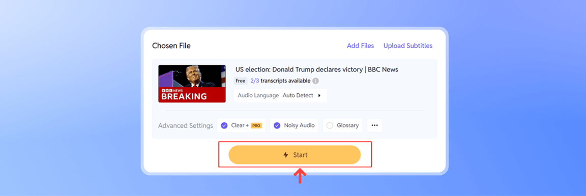 clique em "Iniciar" para transcrever o seu vídeo