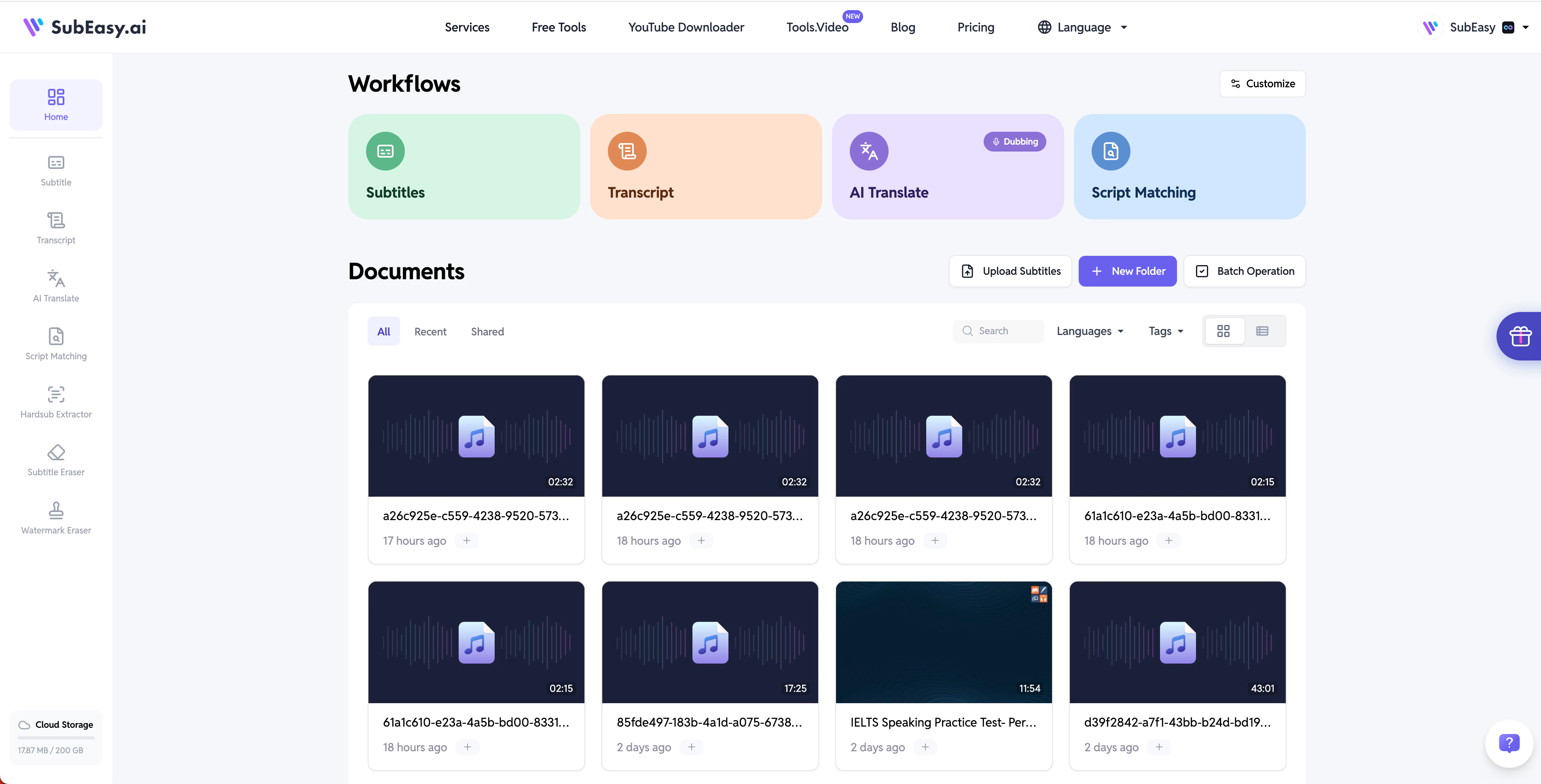 SubEasy workspace showing subtitle creation workflow