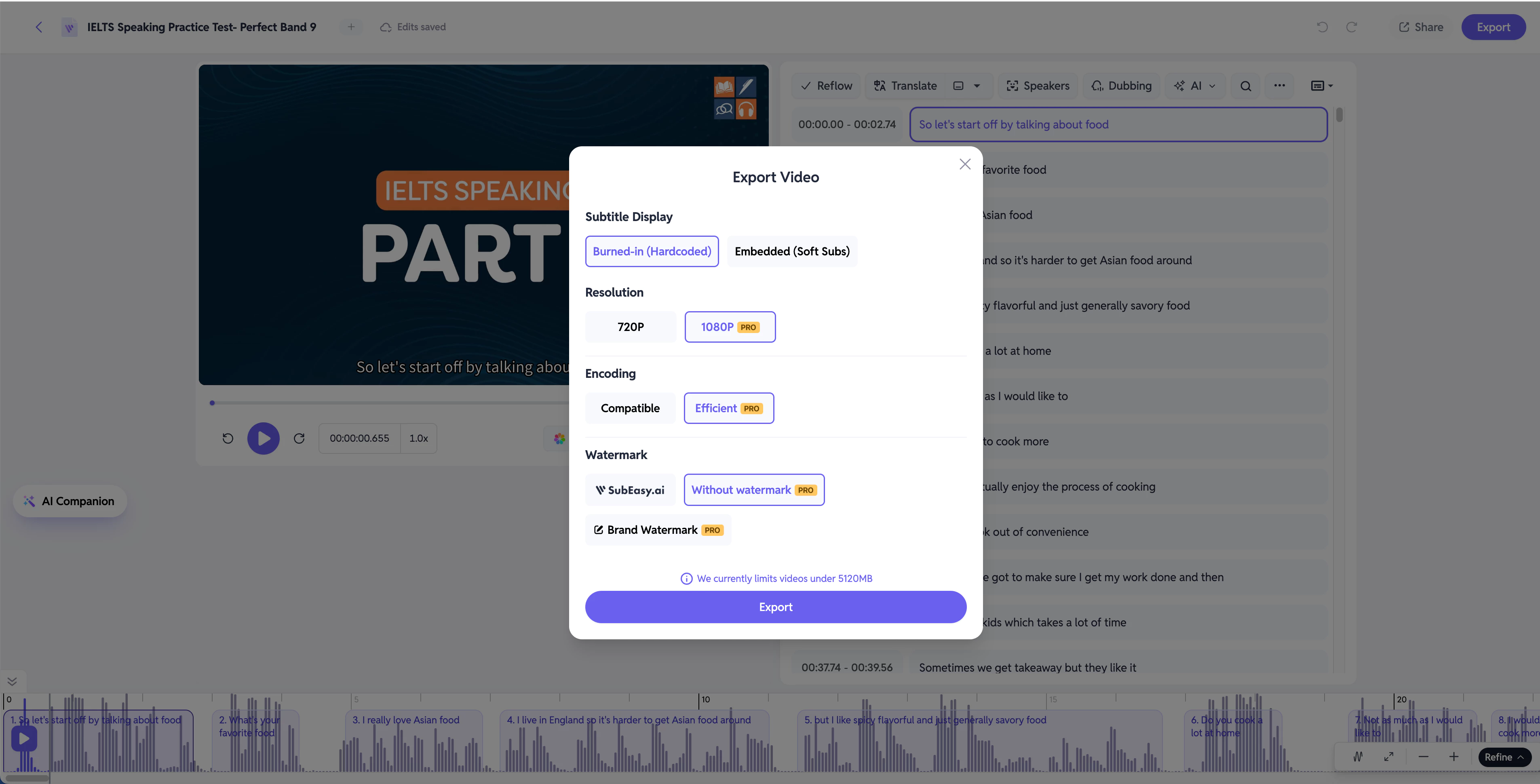 SubEasy video export settings