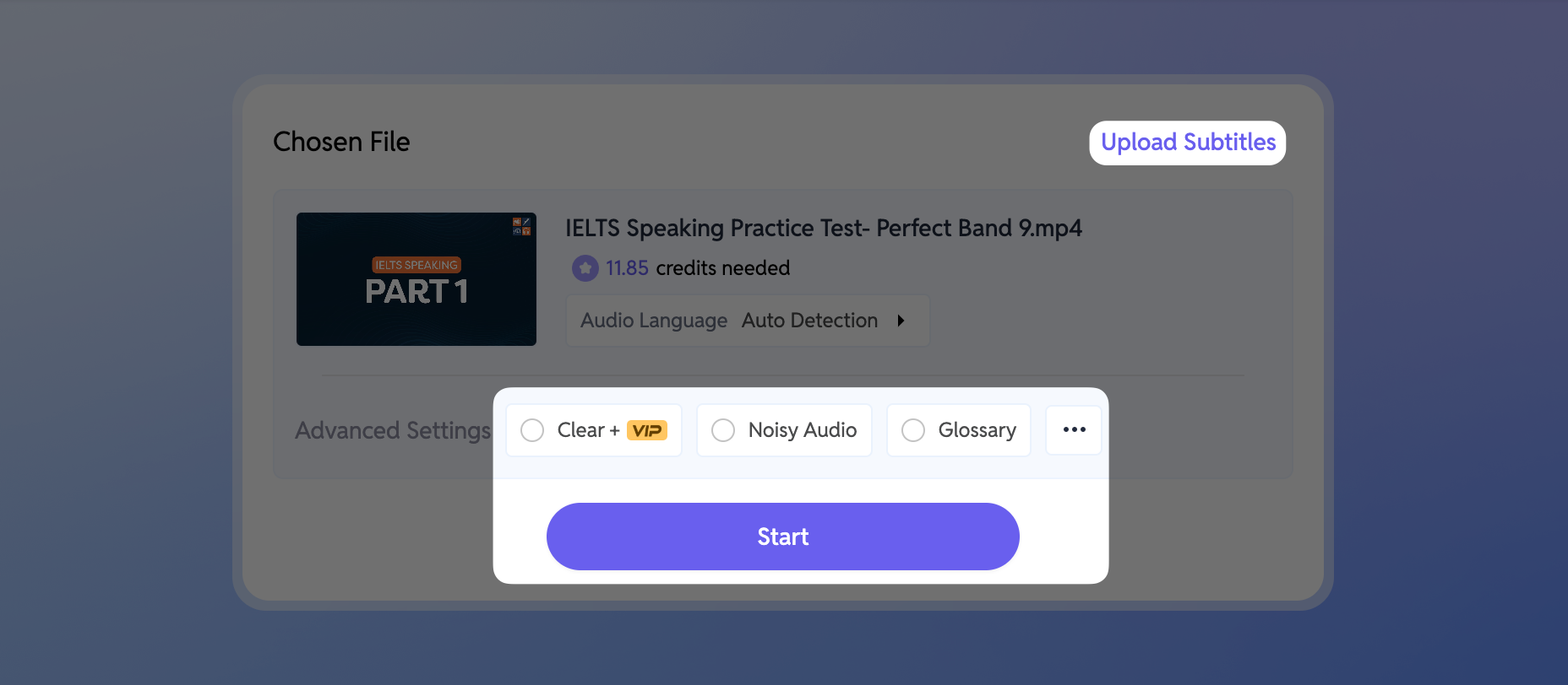 Step-by-step guide to translating a foreign language video using SubEasy's upload feature. This image shows a user interface where a video file is selected, and options like Clear+ VIP, Noisy Audio, and Glossary are available before starting the subtitle upload process.