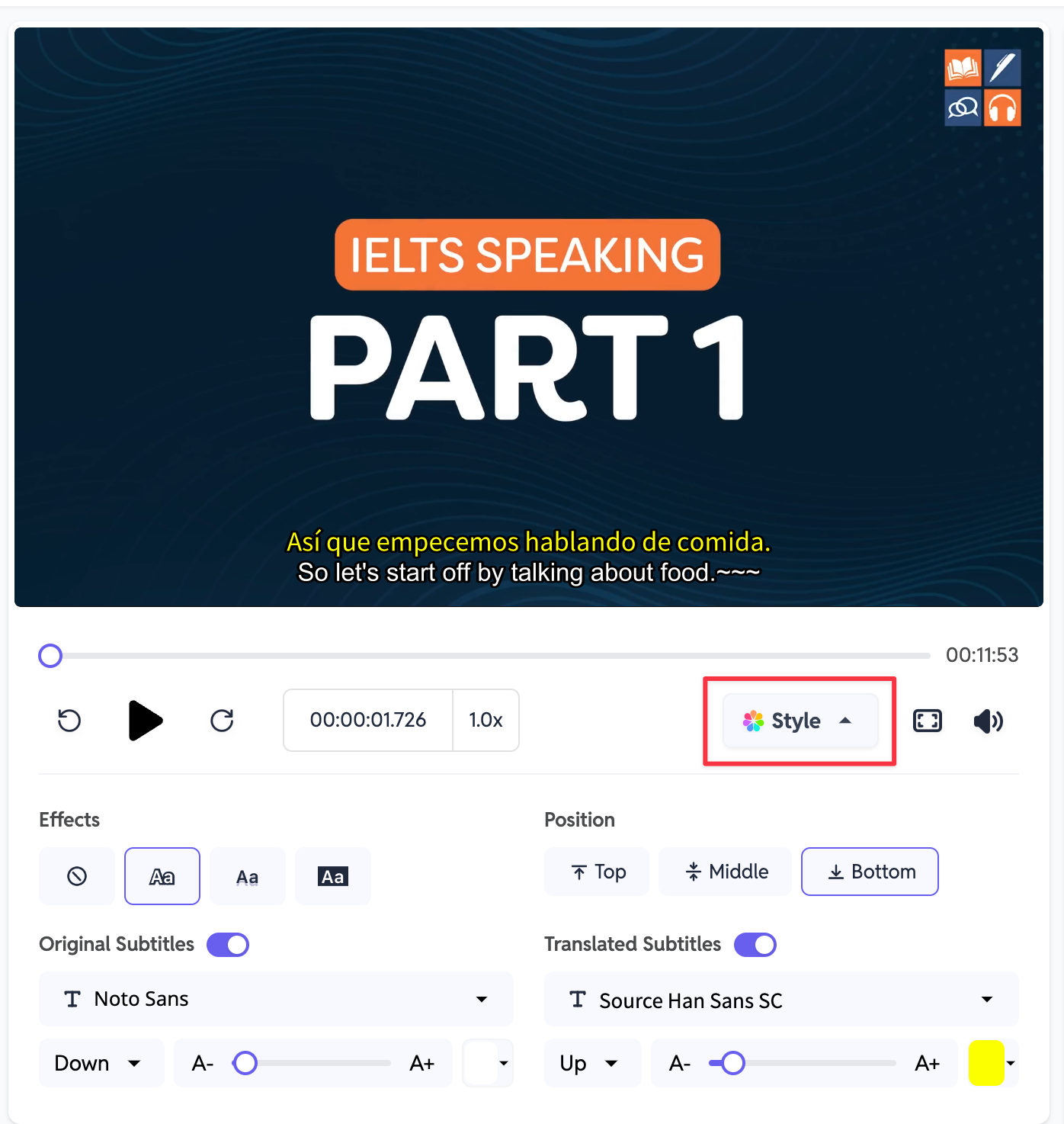 Subtitle styling options in SubEasy, showing customization settings for font type, size, position, and effects. The interface allows users to adjust the appearance of both original and translated subtitles for optimal video viewing.