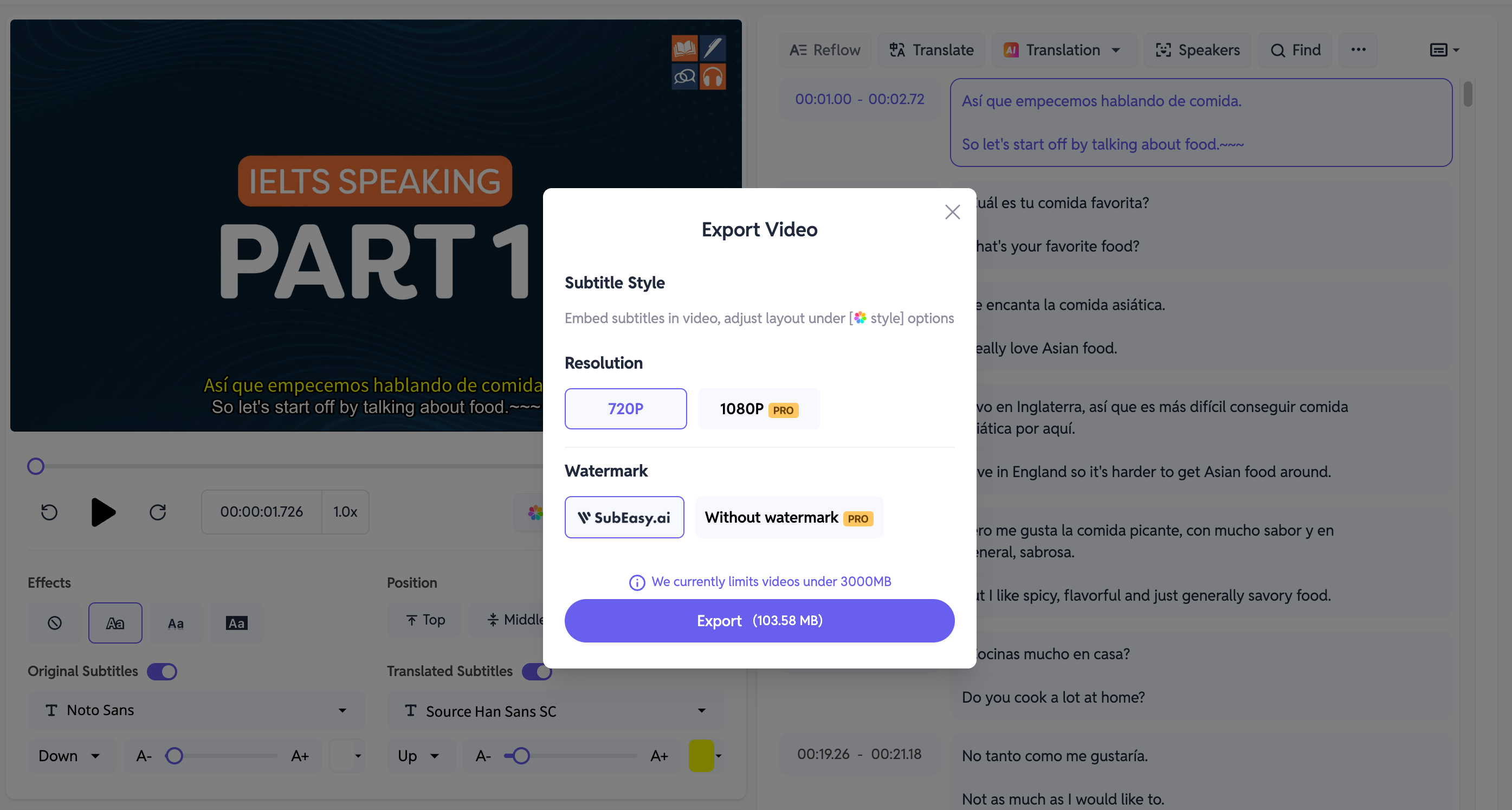 Video export settings in SubEasy, displaying options for subtitle style, resolution (720P, 1080P), and watermark preferences. The interface allows users to customize the final output video based on their needs.