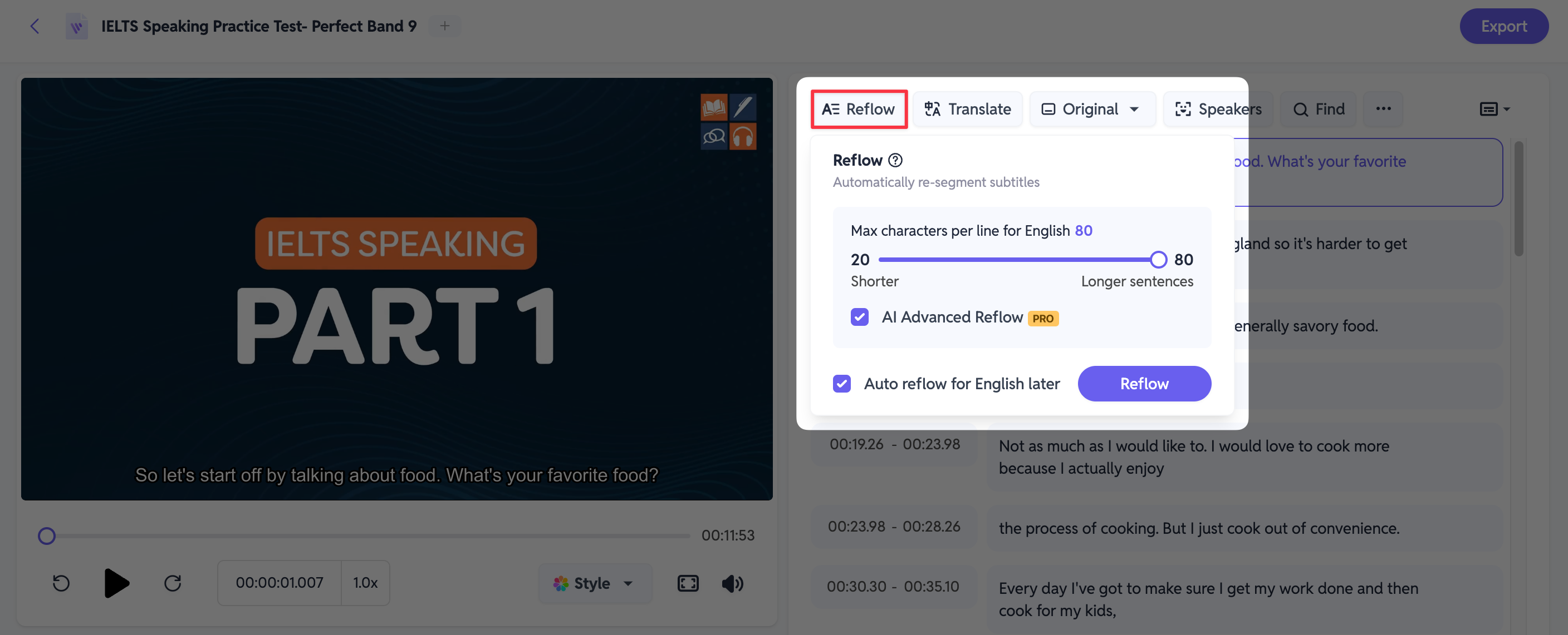 AI Reflow settings interface in SubEasy, highlighting options to automatically re-segment subtitles. This image shows customization features like setting the maximum characters per line, enabling AI Advanced Reflow, and auto reflow for English subtitles.