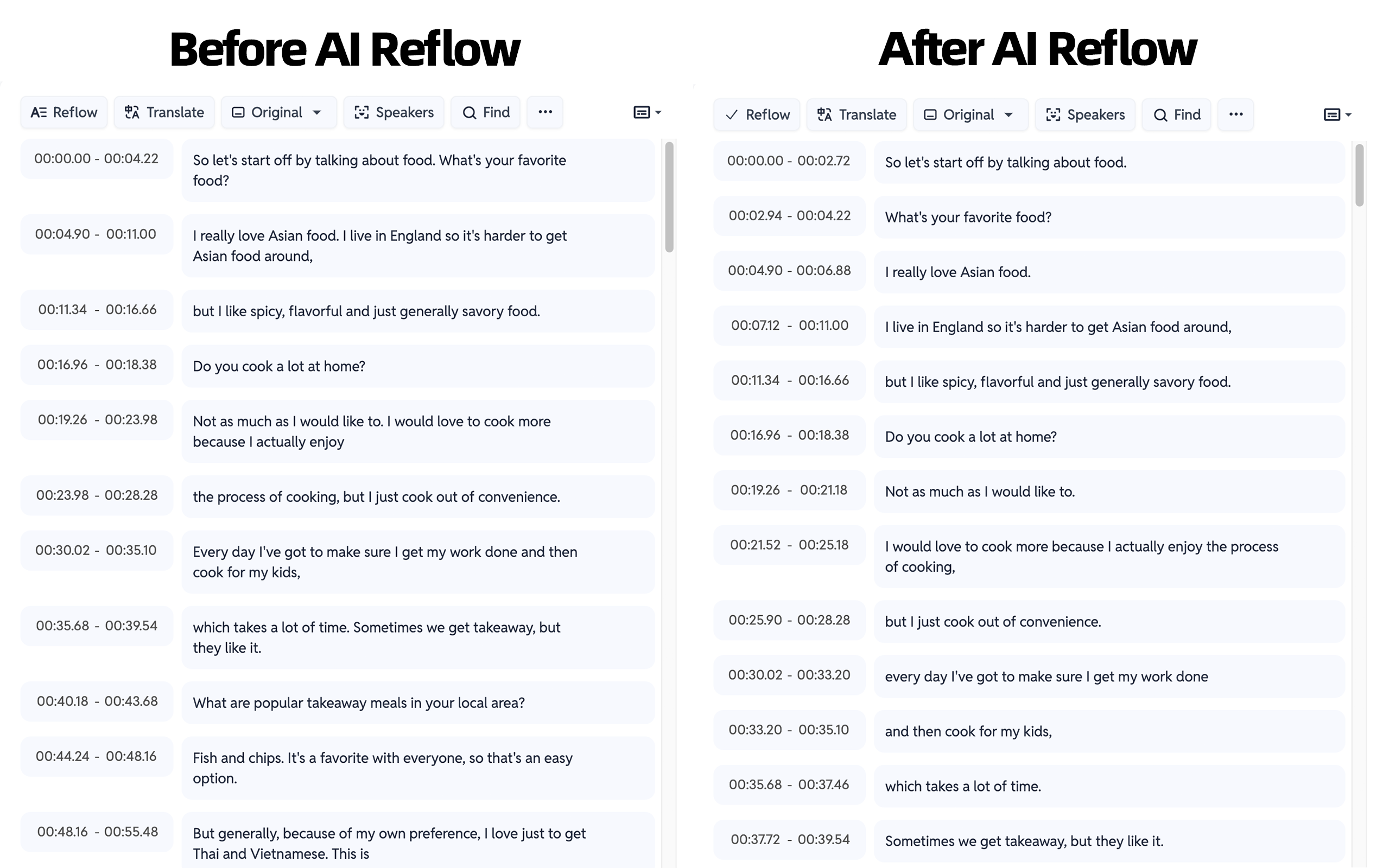 Comparison of subtitles before and after using SubEasy's AI Reflow feature. The image shows the reflowed subtitles being more concise and better segmented, making them easier to read and follow during video playback.