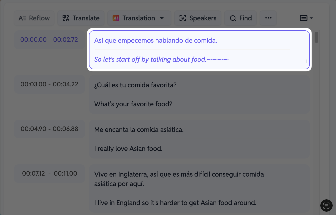 Subtitle editing interface in SubEasy, showing the translation of a subtitle line from Spanish to English. The interface highlights the precise synchronization and editing options available for subtitle customization.
