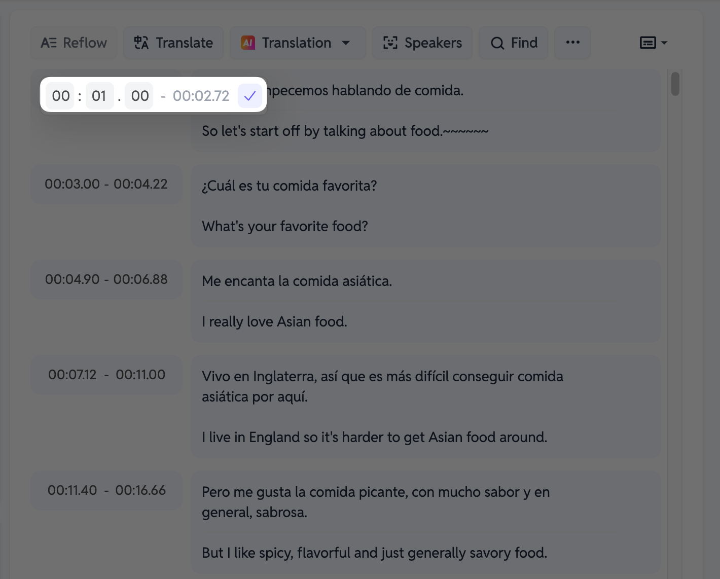 Timeline editing interface in SubEasy, showing precise control over subtitle timing. The image highlights the ability to manually adjust the start and end times of subtitles for accurate synchronization with video content.