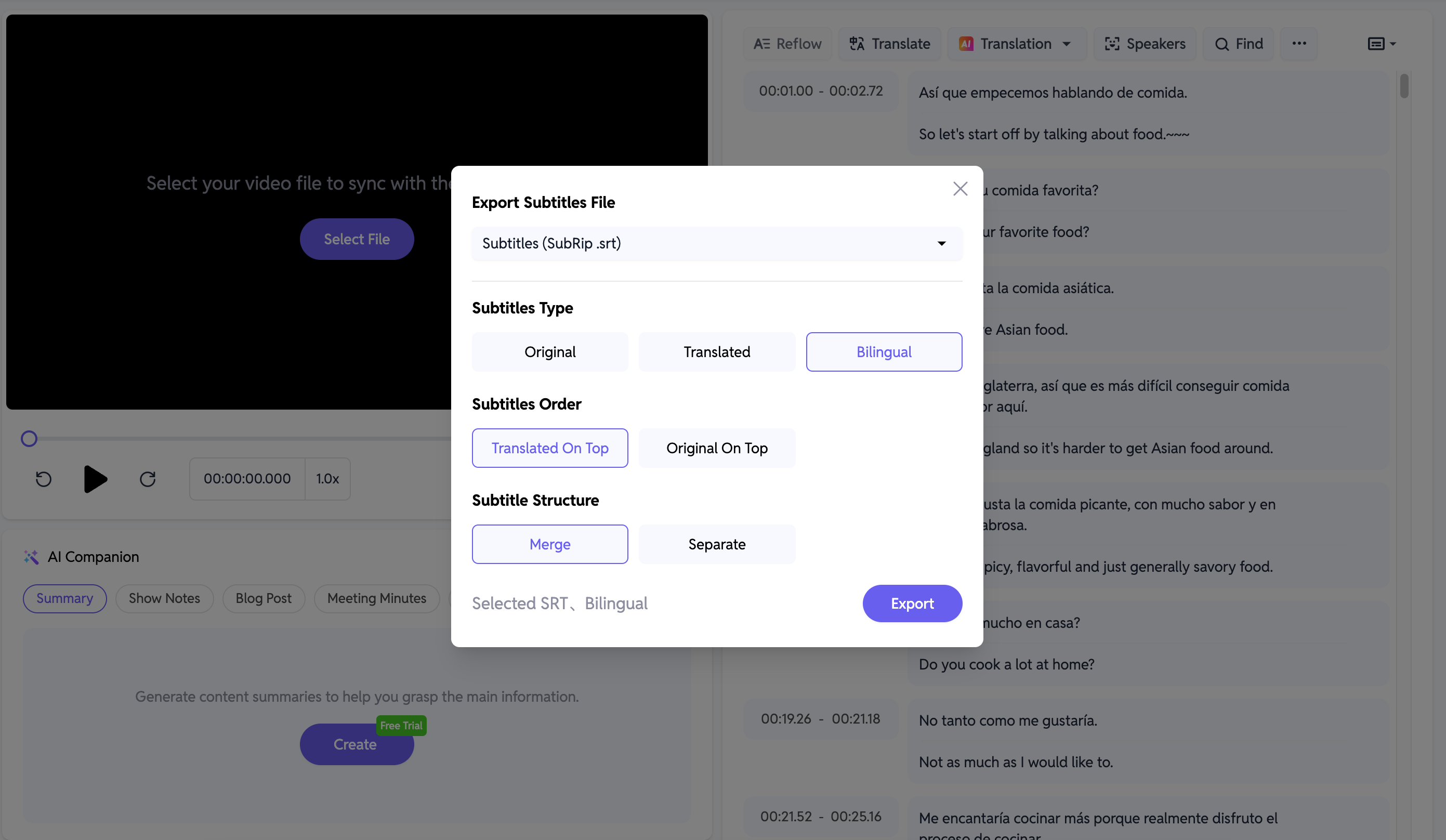 Export subtitles settings in SubEasy, featuring options for choosing subtitles type (Original, Translated, Bilingual), order, and structure (Merge or Separate). This interface allows for customized export of subtitles in various formats.