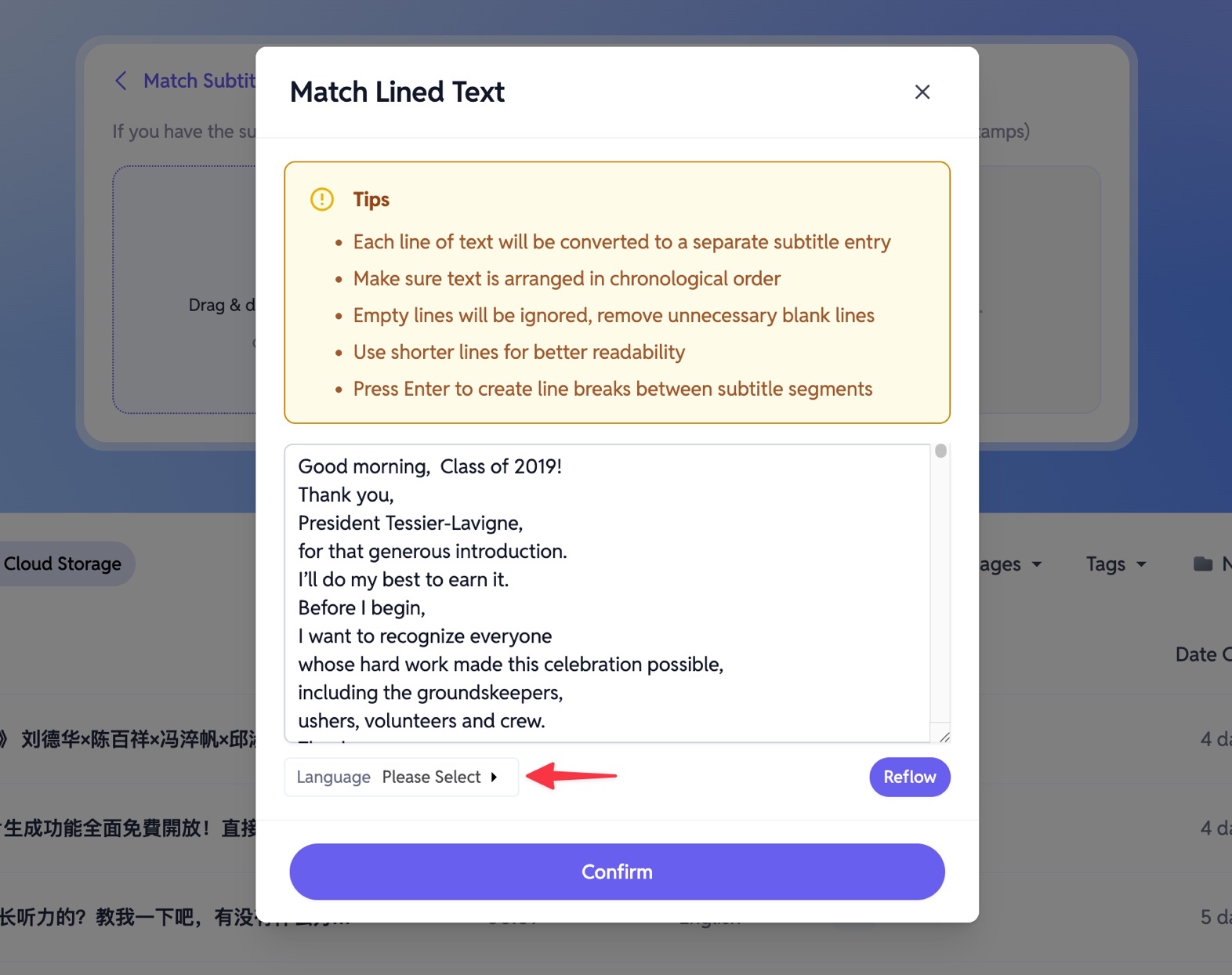 SubEasy Select Transcript Language and Confirm