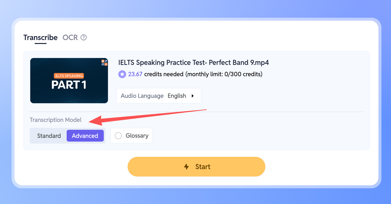Selecting the Advanced Transcription Model in Workspace