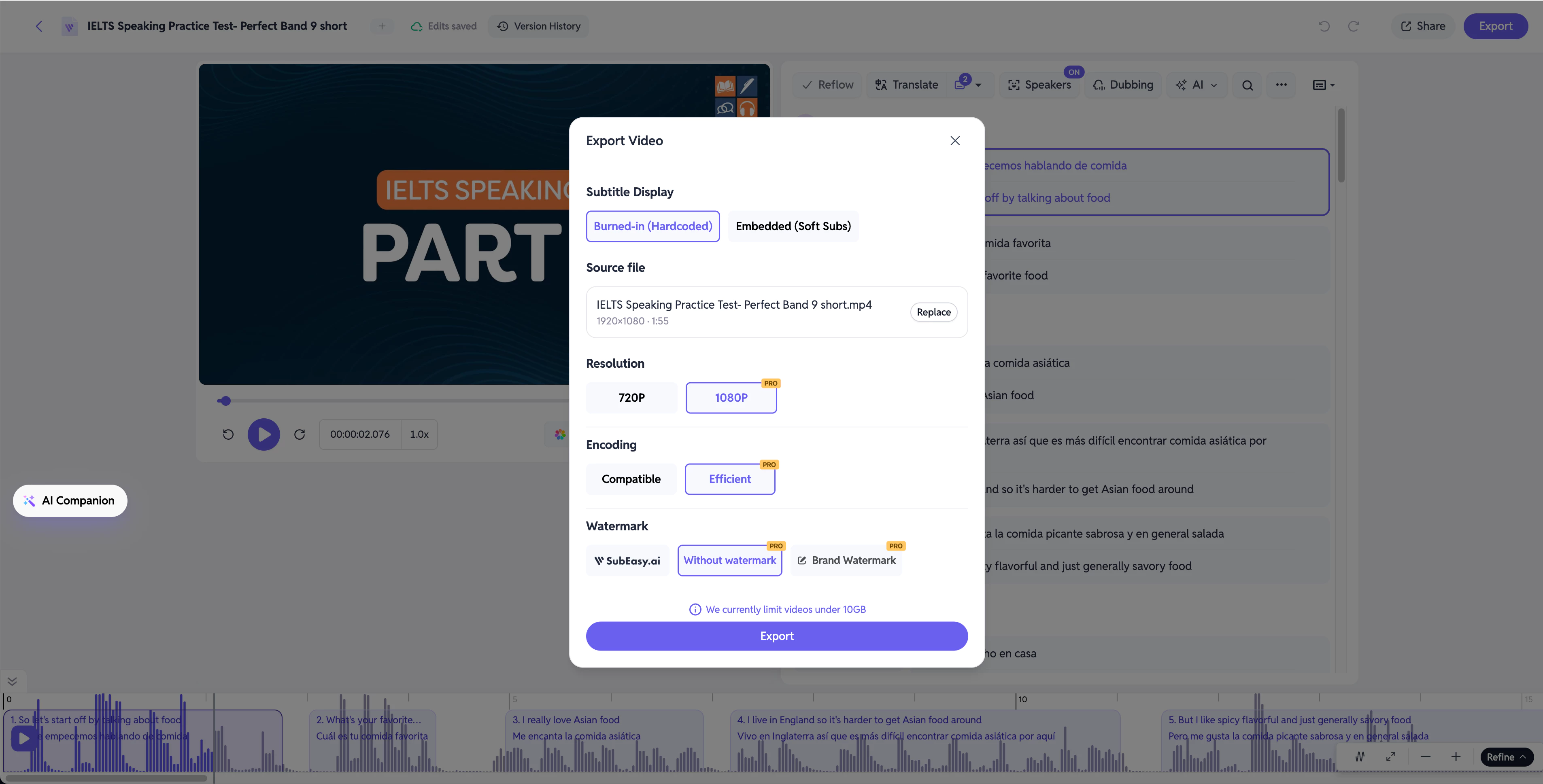 SubEasy video export settings