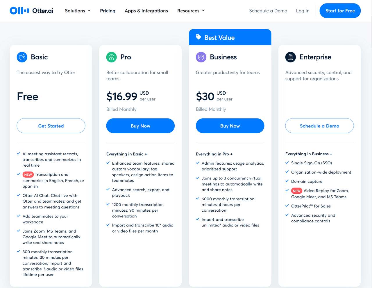 Otter's pricing plans