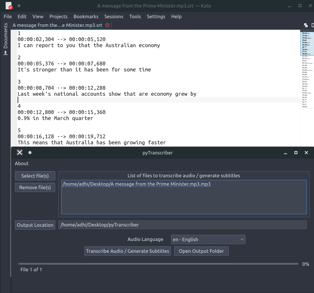 Процесс использования и интерфейс pyTranscriber Процесс использования и интерфейс pyTranscriber
