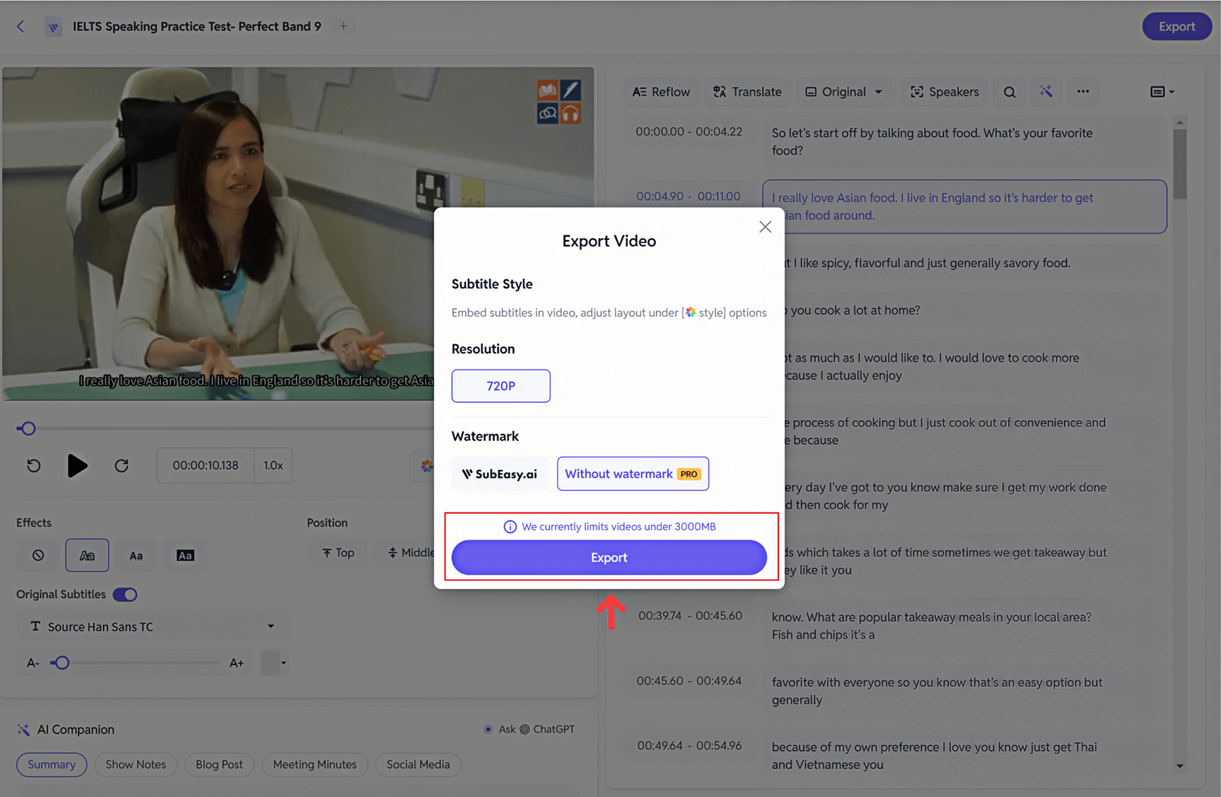 The video export feature of SubEasy