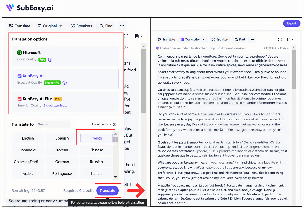 The AI Translation Feature of SubEasy
