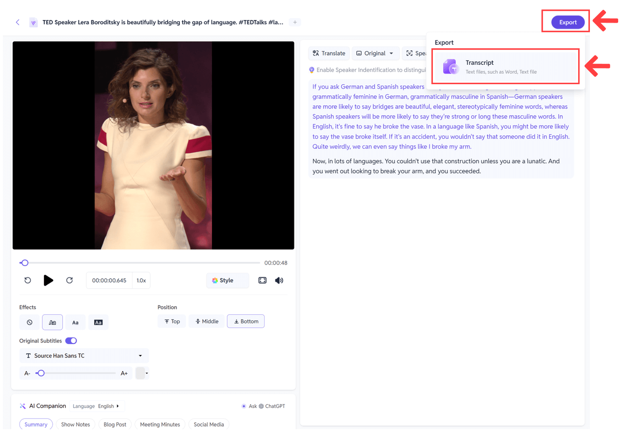 exportar a transcrição